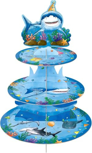 WERNNSAI Shark Cupcake Stand 3 Tier Shark Birthday Party Decor for Kids | Blue Cardboard Cupcake Holder Dessert Tower Round Serving Tray Ocean Theme Party Supplies
