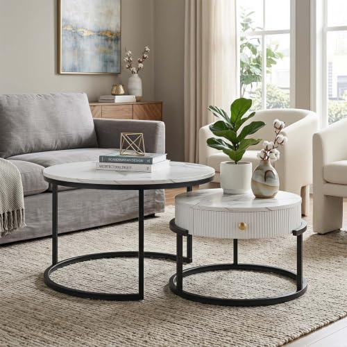Soayone Runder Couchtisch mit Stauraum Wohnzimmertisch Couchtisch Marmor | Couchtisch Weiß 2er Set Wohnzimmertisch Sofatisch Coffee Table aus MDF mit Schwarz Metallgestell Beistelltisch Modern 70+50cm