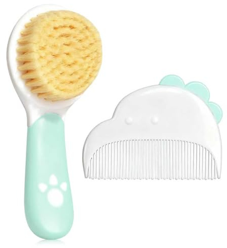 Baby Haarbürste und Kamm Set, Weiche Borsten Wiegenkappenbürste für Neugeborene, Kleinkinder, Baby Wunschliste Geschenk (Grün)