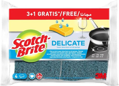 Scotch-Brite Spugne Delicate Antigraffio - Confezione da 3 + 1 GRATIS - Spugne in Cellulosa Super Assorbenti - Per Stoviglie, Bicchieri e Superfici Antiaderenti