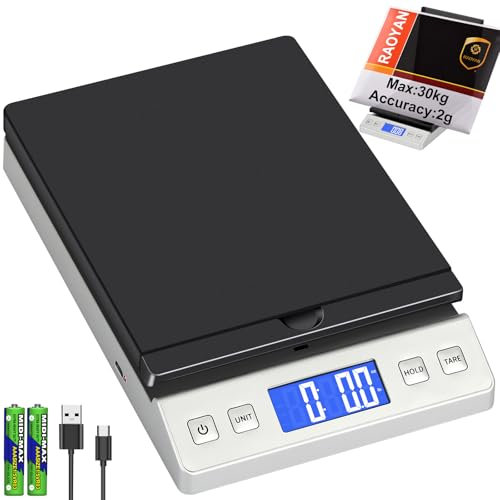 RAOYAN Briefwaage, Paketwaage bis 30kg/2g Genauigkeit Digitalwaage mit Halte/Tara Funktion, Präzise Klappbriefwaage Postwaage für Briefe und Pakete