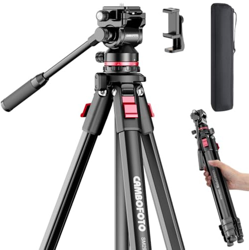 CAMBOFOTO Trépied robuste de 172,7 cm, trépied vidéo avec tête fluide | Trépied en aluminium pour appareil photo - 0,6 cm - Tête inclinable lisse pour appareil photo reflex numérique/caméscopes