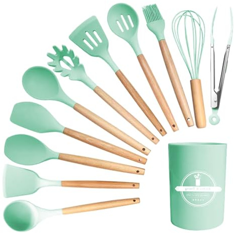 Kitchen Utensil Set, 12 PCS Silicone Cooking Utensils Set with Wooden Handle, Heat Resistant, Nonstick Cookware Tongs Spatula Spoon Set, Dishwasher Safe(Color:Green)