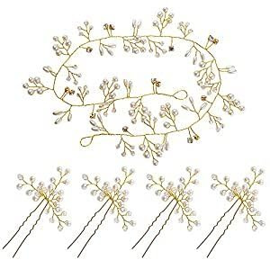 BOOMTOP 1pz Fascia Nuziale per Capelli 50 cm 4pz Forcine Nuziale per Capelli Sposa Kit Accessori Decorazione Perline Corona Fermaglio Matrimonio Oro