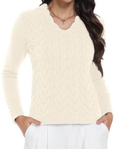 IWOLLENCE Knitted Jumpers for Women UK V Neck Cable Knit Sweater Ladies Lace Neckline Elegant Knitwear Smart Jumpers for Women (Cream, L)