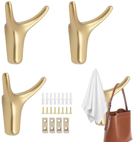Lot de 4 crochets muraux doubles dorés avec 8 vis, 8 tubes d'expansion, 4 boucles fixes, porte-manteau mural pour chambre à coucher, cuisine et salon