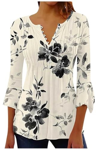 Generico Camicia Seta T Shirt Donna Manica Lunga Maglietta Elegante Scollo a V Cotone Camicia Oversize Fantasia Camicie Larga Estiva T Shirt Sportiva Maglia Donna Bianca