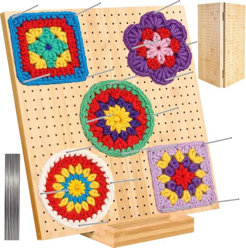 Xtrillogen 33x33cm Granny Square Spanner Groß, Holz Blocking Board Häkeln mit 20 Edelstahl Stabstiften,Faltbare Granny Square Häkel-karten,Spannbrett für Crochet,stricken und Stricken Zubehör
