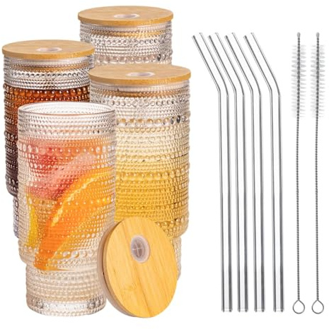 MRZIKPO Drinking Glasses with Lids and Glass Straw 4pcs Set,16oz Glass Tumbler Cups,Water Glasses,Iced Coffee Glasses,iced Tea Glasses,Ideal for Whiskey,2 Brushes