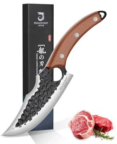 DRAGON RIOT Japanisches Messer, Grillmesser mit Holzgriff | Handgeschmiedete Fleischmesser extrem Scharf für Küche und Outdoor BBQ, Geschenkidee für Männer (Ohne Scheide)