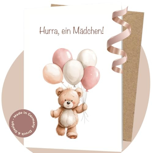 LINDFALL Glückwunschkarte zur Geburt Mädchen – Premium A6 Klappkarte mit Umschlag – Süßes Boho Bärchen Motiv mit Ballons – „Hurra, ein Mädchen – Hochwertige Babykarte – Made in Germany