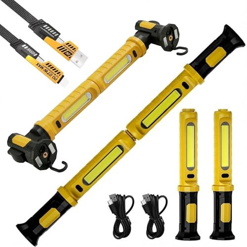 LED Motorhaubenleuchte Akku 2er Set, 2000LM Werkstattlampe Magnetisch, 2 in 1 Verbindbar, 4400mAh Arbeitsleuchte für KFZ Motorraum, USB C, Inkl. 4 in 1 Ladekabel (Bernstein)