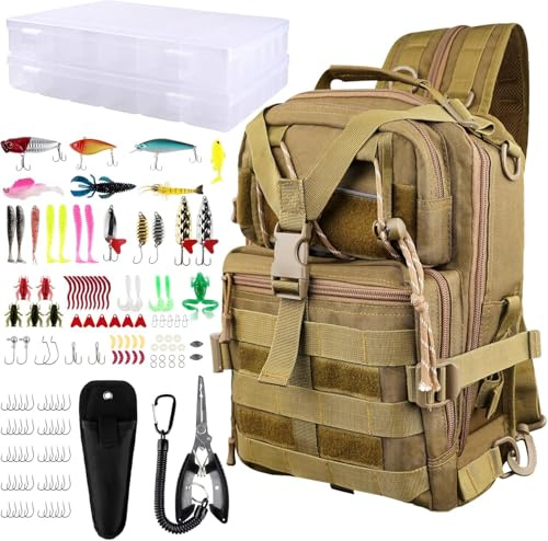 NewBEP Angel-Box-Rucksack, Angelrucksack mit Zubehör, Angeltasche, Angelwerkzeug-Set, Fischzange, Salzwasser, Angelausrüstung, 139-teilig, braun, Multifunktionaler Rucksack