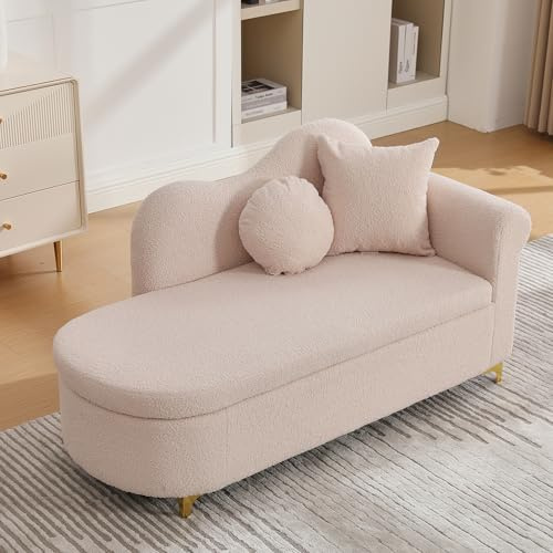 Terahanda Multifunktionale Chaiselongue mit Stauraum, 134 cm, modernes Design, wellenförmige Rückenlehne, Lammfell-Optik-Stoff, hochdichter Sitzkissen, inkl. Lendenkissen + Nackenkissen(Light Pink)
