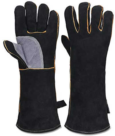 chengsan Extreme Heat & Fire Resistant Gloves Leather with Kevlar Stitching,Perfect for Fireplace, Stove, Oven, Grill, Welding, BBQ, Mig, Pot Holder, Animal Handling, Black-Grey