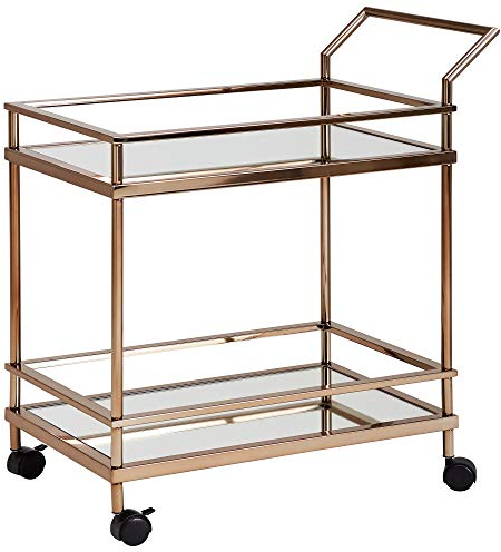 FineBuy Design Servierwagen Dunkles Gold 2 Ebenen mit Bremsen, Beistelltisch auf Rollen, Speisewagen mit Glasplatte, Küchenwagen, Teewagen