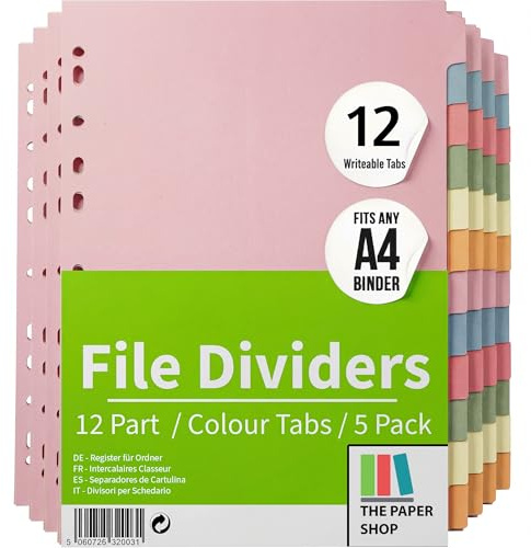 File Dividers A4, 12 Part Folder Dividers for Ring Binders & Lever Arch Files (5 Pack) Binder and Subject Dividers with Writeable Coloured Index Tabs - The Paper Shop