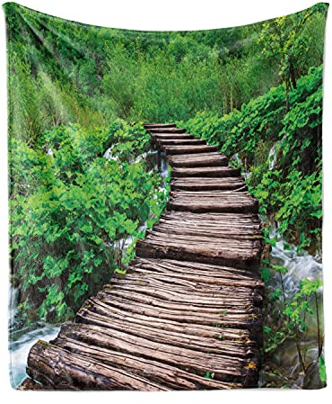 Ambesonne Forest Throw Blanket, Pathway in Pond Over The Lake Natural Life Rainforest's into The Wild Realistic Art, Flannel Fleece Accent Piece Soft Couch Cover for Adults, 60 x 80, Brown Green