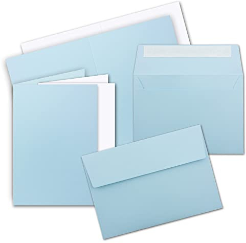 75x Faltkarten Set mit Einleger DIN A6 / C6 - Doppelkarten mit Umschlägen und Einlegern - Hellblau (Blau) - 14,8 x 10,5 cm (105 x 148 mm) - Haftklebung