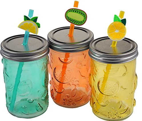 BWG Glass Drinking Mason Jars w/Lid & Straw - Citrus Fruits (Set of 3)