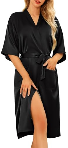Lovasy Satinmorgonrock dam lång sexig japansk kimono hemkläder dam brud och brudtärna med fickor och bälte, svart, L