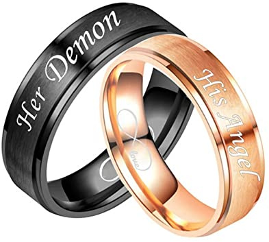 Skcess Partner Geschenke Edelstahl, Verlobungsringe Paar Schwarz & Roségold Gravur Her Demon and His Angel Damen Ring Ring für Männer Paare Geschenke