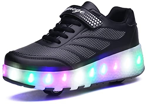 LED skateboard 7 färger blinkande sportsko med rulle multisport utomhus friidrott gymnastik löpning sneaker automatisk infällbar sneakers mode, 616svart, 34 EU