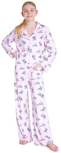 Disney Stitch Pyjamas för flickor, barn, tonåringar, set med 2 delar, långärmad pyjamas, ventilerande loungekläder, myskläder, motiv med Stitch, gåvor, 7–14 år, Rosa, 9-10 Years