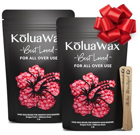KoluaWax Hard Wax Beads for Hair Removal – Coarse Hair Formula – Face, Brazilian, Underarm, Back Chest, Bikini Waxing – Dragon Fruit & Hibiscus 1lb Refill for Wax Warmers & 10 Applicator Sticks 2 Pack