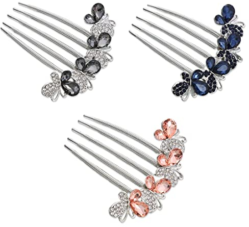 XPEX Haarkämme mit Strasssteinen, Schmetterling- und Blumenformen, Braut-Haarschmuck, Damen- und Kinderkämme, 3 Stück