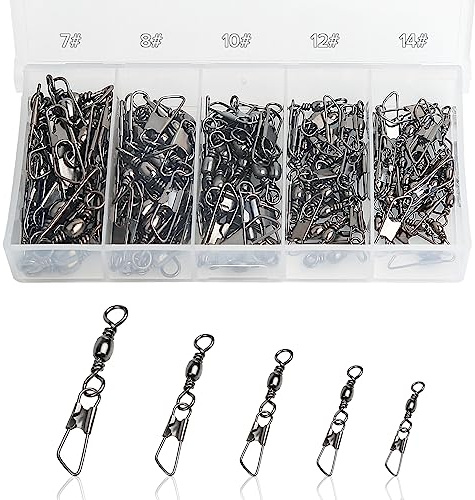 Realure 100/200 Pcs Fishing Swivels and Clips Safety Snaps Swivels Fishing Tackle Sea Fishing Swivels Rolling Swivel for Quick Change Swivels Fishing Hook to Line Connectors 7# 8# 10# 12# 14# (100)