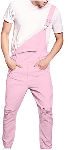 Ctreela Mens Personalized Pink Overalls Funky Ripped Denim Bib Pants Fashion Sleeveless Cargo Romper Jumpsuit with Pockets