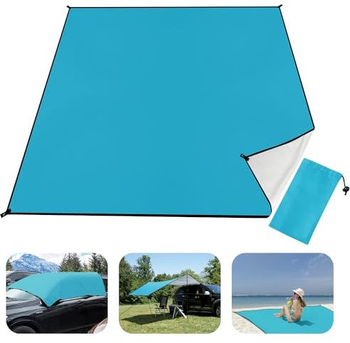 Brovamo Picnic Blanket 200 x 200 cm Beach Blanket XXL Waterproof Sand-Free Beach Mat with Zip Pocket 4 Poles Camping Blanket for Beach, Camping Hiking, Picnic(blue)