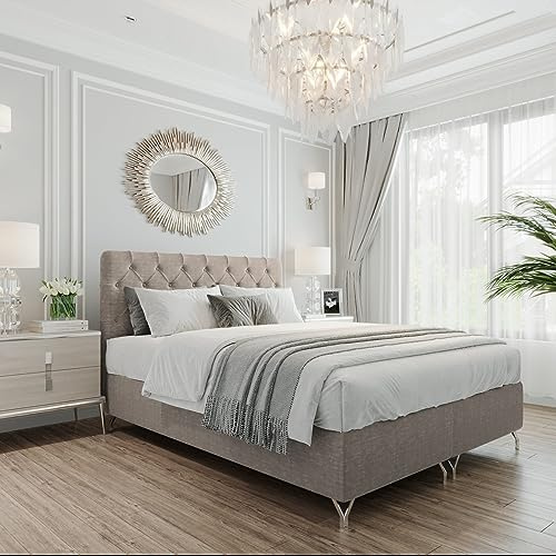 FURNISTAR Boxspringbett GracePLUS 160x200 Braun Doppelbett Bett mit Bonellmatratze Topper und Bettkasten Glamour Polsterbett mit silbernen 12 cm Beinen Modern Schlafzimmer Vintage Schlafzimmerbett