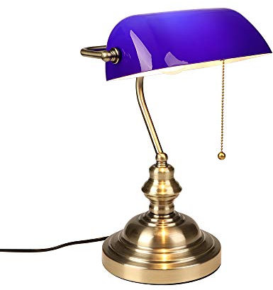 FIRVRE Bleu Lampe de Bureau en Verre pour Banquier avec Pied Bronze Lampe de Table avec Interrupteur à Chaîne à Tirer pour Bureaux Salles D'études et Chambres à Coucher Bibliothèques