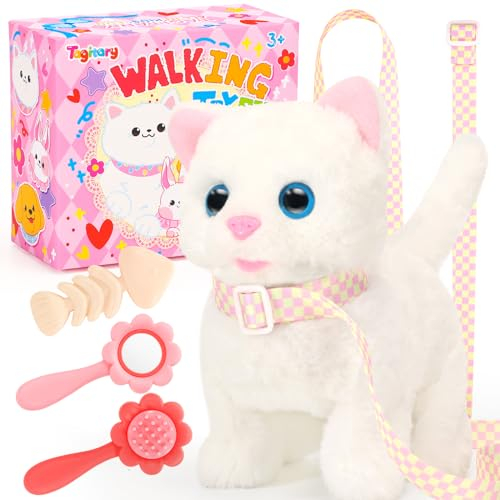 Tagitary Plush Toys Electronic Toy Cat That Walking and Meowing,Tail Wagging Interactive Toy Cat for Kids with Leash,Easter Christmas Birthday Gift for Toddlers Kids