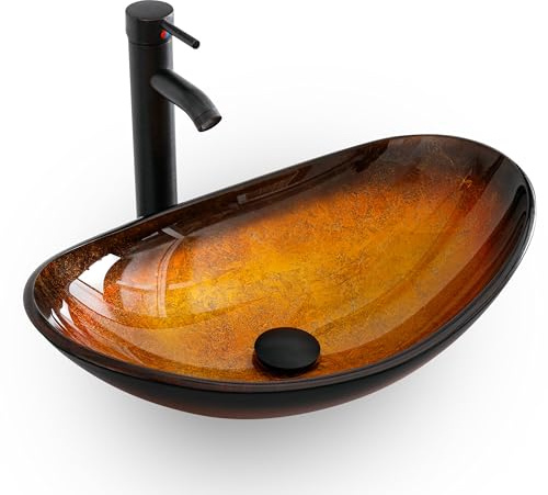eclife 21.5 Bathroom Vessel Sink Modern Artistic Single Brown Boat Tempered Glass Basin Countertop Bowl Sink for Lavatory Vanity Cabinet, W/Water Save Faucet Pop Up Drain (A29BR)