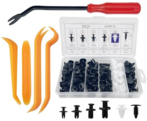 Baxcdyswe 105 Piezas Grapas Coche, Universales 5 Tamaños Remaches Plastico Coche, Grapas Coche Paneles de Puerta y 4 Cuñas de Molduras de Automóviles y 1 Removedor de Fijación, Clips Fijos