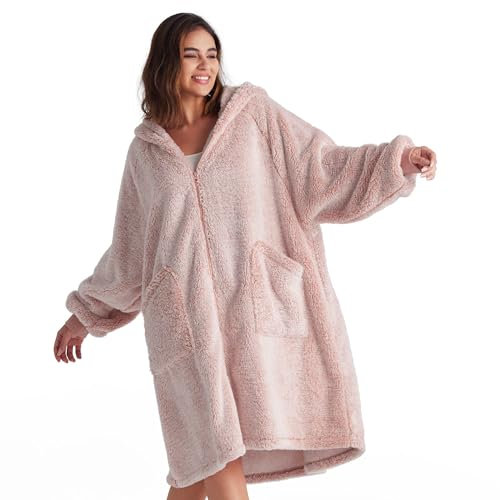 BEDSURE Hoodie Decke mit Ärmeln - Kuscheldecke mit Ärmeln übergroße Pullover Mit Reißverschluss, Sherpa Kuschelpullover Loungewear Sweatshirt Lang, Weihnachtsgeschenke für Frauen Herren Damen, Rosa