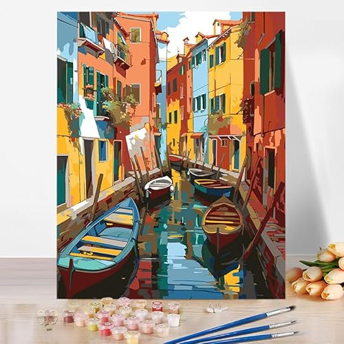 Generisch Malen Nach Zahlen Erwachsene Venedig Wasserstadt Landschaft DIY Ölgemälde Leinwand für Anfänger Wanddekoration mit Pinseln Acrylpigment Zuhause Wohnzimmer Dekoration 40x50cm (Ohne Rahmen)