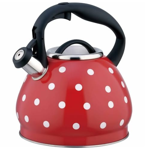 Bouilloire à thé rouge à pois blancs pour plaque de cuisson, théière sifflante en acier inoxydable, théière vintage pour cuisinière