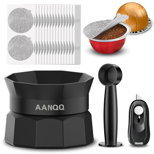 AANQQ Refill Kit for Pods Vertuo: Reusable Vertuo Pod Holder with 100pcs Aluminum Foil Seal Lids for VertuoLine Capsules - Work with All Vertuoline/VertuoPlus/Next/Pop Machine(NO PODS)