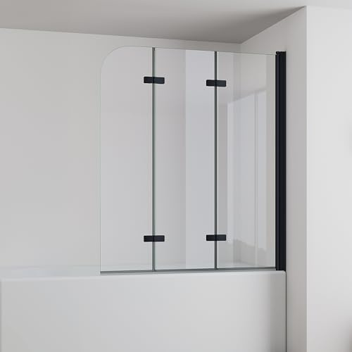 IMPTS Duschwand für Badewanne 140x140cm Schwarz, Faltwand Duschfaltwand 3 teilig Faltbar Badewannenaufsatz Duschtrennwand Badewannenwand Glas mit 6mm Nano Sicherheitsglas