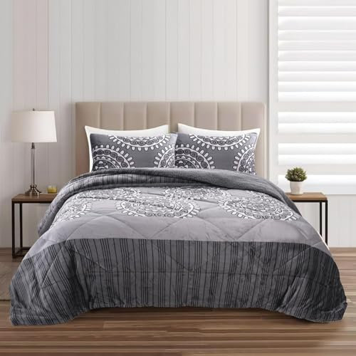 Bettdecke 200x220 Ohne Bezug Nutzbar, Runder Blumendruck Bettdecken Waschbar Ganzjahresdecke Retro Stil 4 Jahreszeiten Steppdecke, Bettzeug Microfaser mit 2 Kissenbezug für Sommer Winter Doppelbett