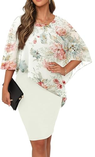 QIXING Womens Summer Casual Dress Loose Batwing Sleeve Crew Neck Chiffon Cape Elegant Midi Cocktail Pencil Dresses for Women UK for Funeral Party Wedding