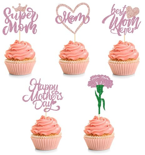 10Pcs Happy Mothers Day Cupcake Toppers, Happy Mothers Day Cake Topper, Glitter Mum's Love Mum Cake Decorations, Best Mom Ever Heart Cupcake Toppers for Mum's Day Birthday Party Cake Decor