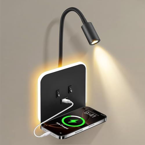 Contraxump Lampada da parete a LED per interni, lampada da lettura a LED da comodino con interruttore, porta USB, vassoio, lampada da parete orientabile a 360°, lampada da lettura da comodino(A)