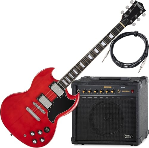 Rocktile Pro S-Red E-Gitarre Heritage Cherry AK30A Set – E-Gitarre mit Verstärker und Kabel – Humbucker Pickups - Korpus Linde, Hals Ahorn, Griffbrett Palisander - Finish Gloss - Anfänger Komplettset