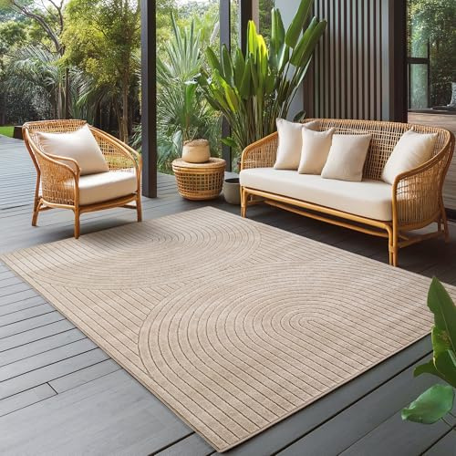 Carpettex Outdoor Teppich wetterfest, Wohnzimmer, Schlafzimmer, Garten, Balkon, Kurzflor Beige, Hoch-Tief-Effekt, weich & waschbar, pflegeleicht, 140x200 cm