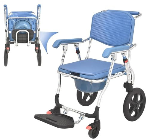 GHCCDAM 4-in-1 Rolling Shower Chair with Wheels,Bathroom Wheelchair Bedside Commode Chair Bedpan Toilet Chair Bath Seat for Elderly Adults Seniors, Commode Chair for Toilet with Arms Foldable